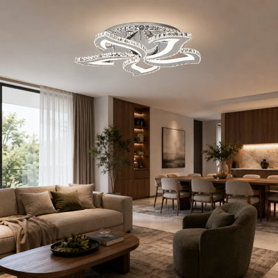 LED luster s diaľkovým ovládaním a krištáľom Alejandro RGB 88W, 5 kvetov, studené/teplé/neutrálne svetlo, stmievateľné, lesklý chróm