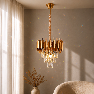 Krištáľový luster VERSAILLES Petito 3xE14, priemer 30cm, zlatý, nastaviteľná výška, kov a krištáľ