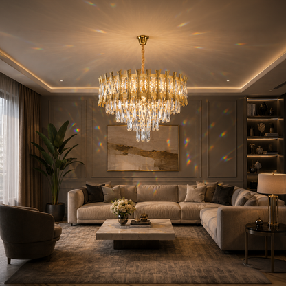 Candelabru Cristal HAMPTON Petito 3xE14, Diametru 30cm, Auriu Lucios, Inaltime Reglabila Candelabre Cristal Default Title Alessandro Design
