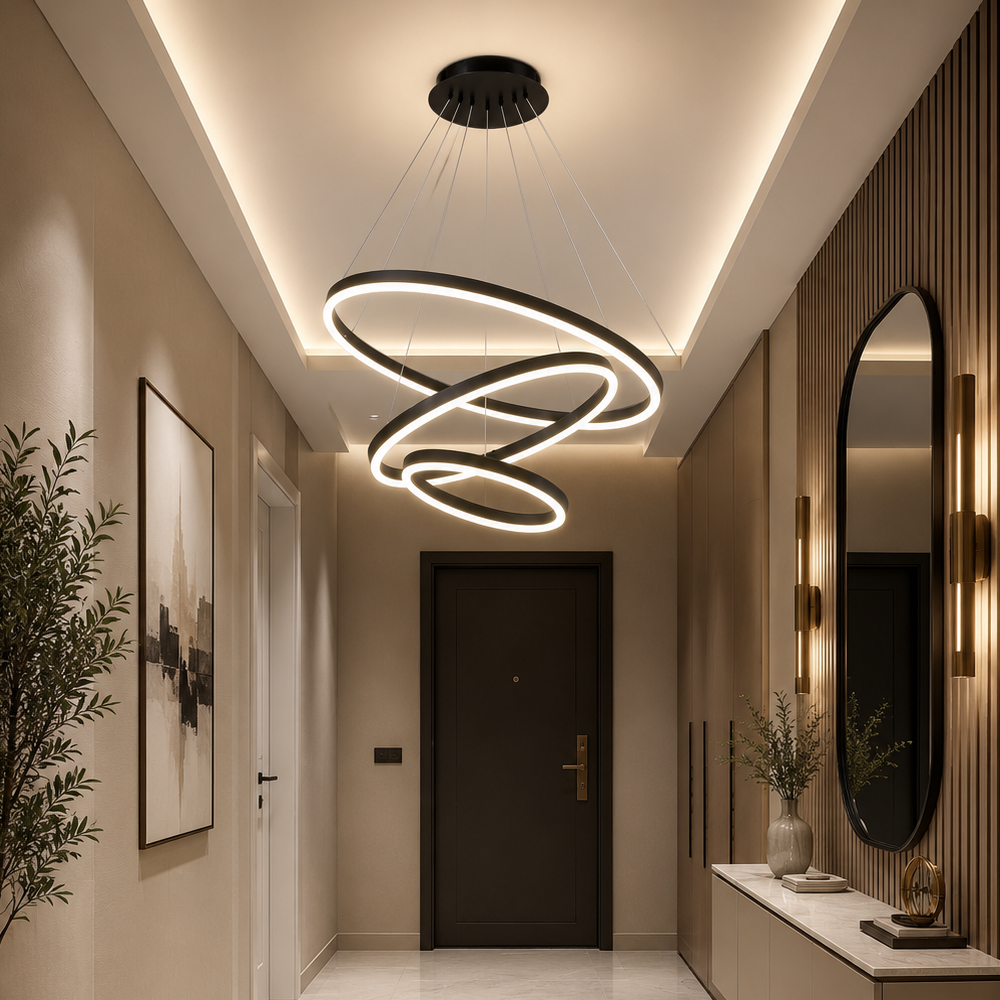 Lustra LED suspendata cu telecomanda CASIANA 85W, 3 Cercuri, lumina Rece/Calda/Neutra, Dimabila, Negru, Inaltime Reglabila Lustre LED cu Telecomanda Default Title Alessandro Design