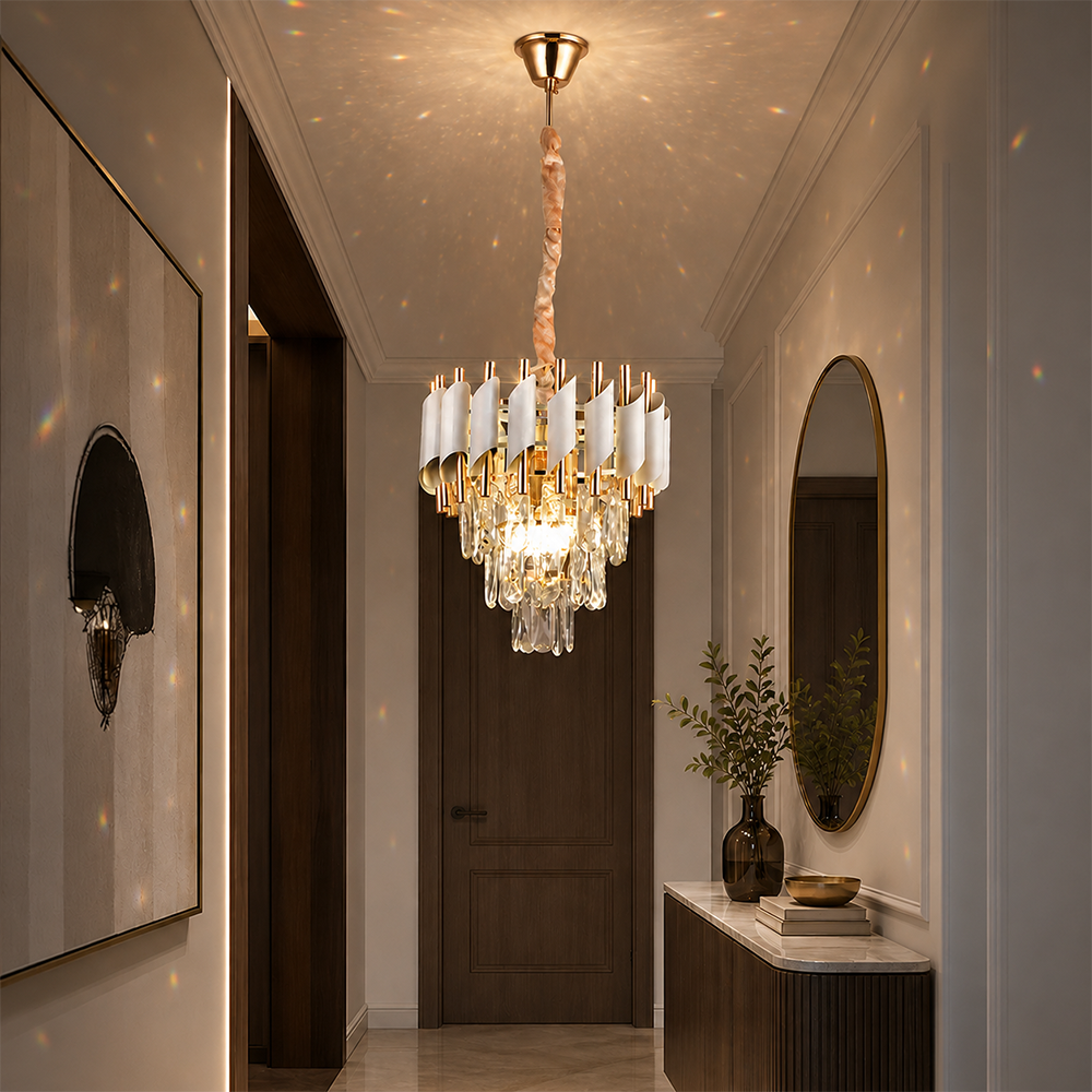 Candelabru Cristal VERSAILLES Petito 3xE14, Diametru 30cm, Auriu Lucios si Alb, Inaltime Reglabila, Metal si Cristal Candelabre Cristal Default Title Alessandro Design