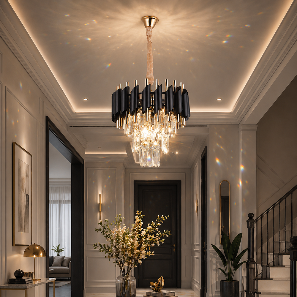 Candelabru Cristal VERSAILLES Petito 3xE14, Diametru 30cm, Auriu Lucios si Negru, Inaltime Reglabila Candelabre Cristal Default Title Alessandro Design