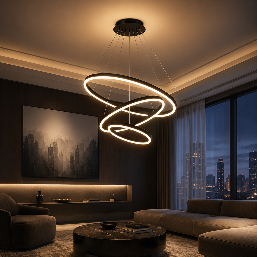 Lustra LED suspendata cu telecomanda CASIANA 85W, 3 Cercuri, lumina Rece/Calda/Neutra, Dimabila, Negru, Inaltime Reglabila Lustre LED cu Telecomanda Default Title Alessandro Design