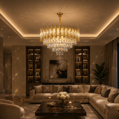 Candelabru Cristal HAMPTON Petito 3xE14, Diametru 30cm, Auriu Lucios, Inaltime Reglabila Candelabre Cristal Default Title Alessandro Design
