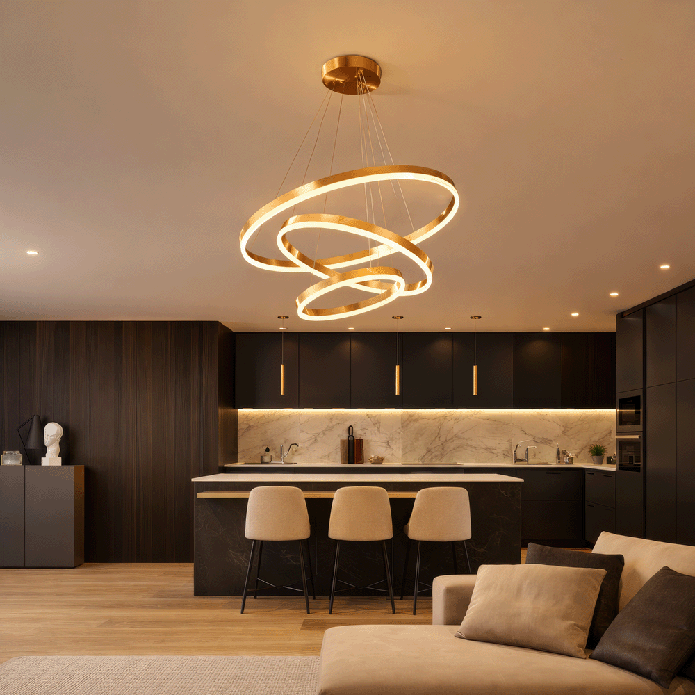 Lustra LED suspendata cu telecomanda ELIZABETH, 85W, 3 Cercuri, lumina Rece/Calda/Neutra, Dimabila, Auriu Lucios, Inaltime Reglabila Lustre LED cu Telecomanda Default Title Alessandro Design