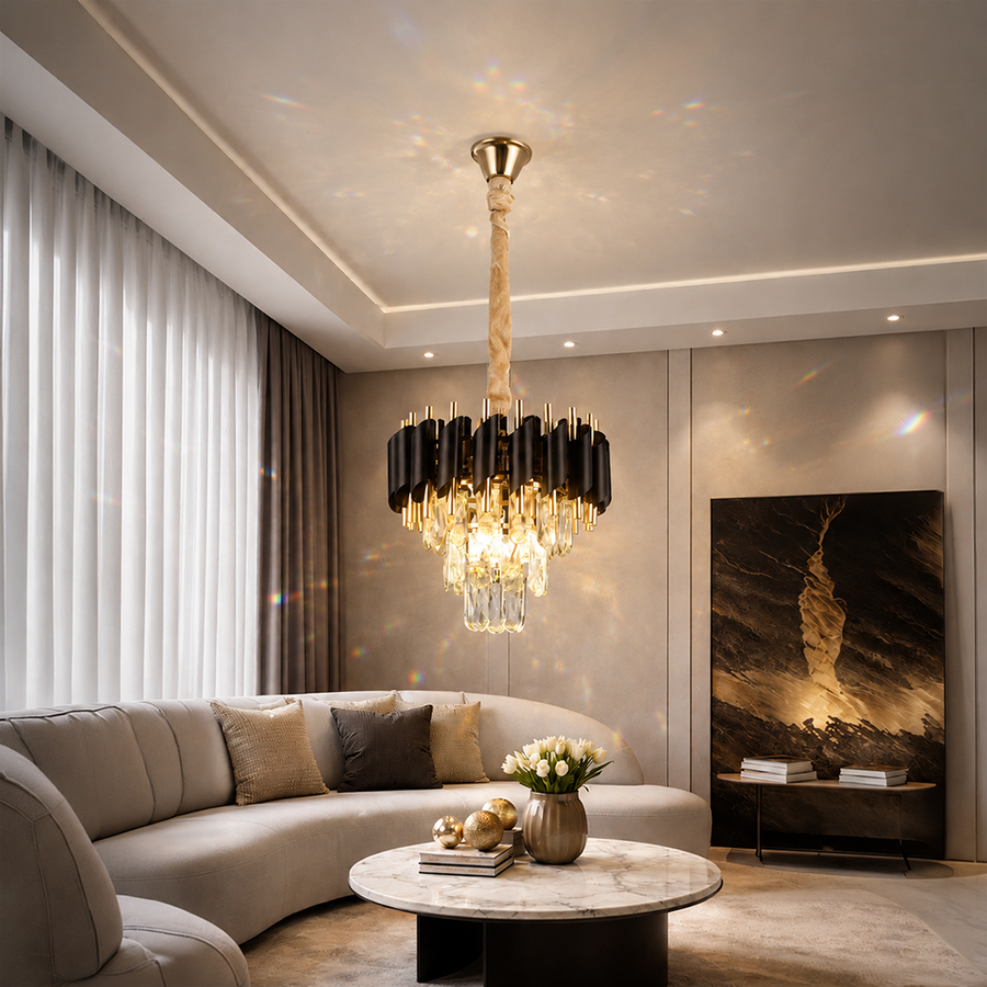 Candelabru Cristal VERSAILLES Petito 3xE14, Diametru 30cm, Auriu Lucios si Negru, Inaltime Reglabila Candelabre Cristal Default Title Alessandro Design
