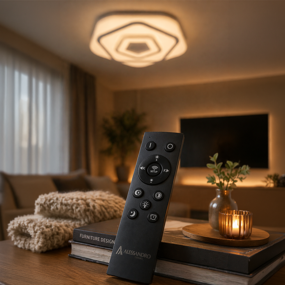 Lustra LED cu Telecomanda PENTAGON 59W, 40cm, Lumina Rece/Calda/Neutra 3000K/4000K/6000K, Alb, Metal si Acril Lustre LED cu Telecomanda Default Title Alessandro Design
