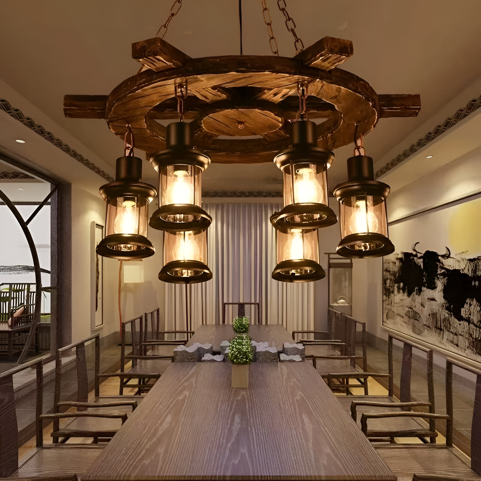 Lustra Vintage LV592/6BK, 6xE27, Rustic Barn, Sfoara si Metal, 70cm, Maro Lustre Vintage Default Title Alessandro Design