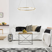 Závesný LED luster, ANINA, 34W, 1 kruh, Priemer 50 cm, Studené/Teplé/Neutrálne svetlo 3000K/4000K/6000K, Stmievateľné, Lesklá zlatá biela, Nastaviteľná výška, Kovové a akrylové LED Lustre s diaľkovým ovládaním Predvolený názov Dizajn Alessandro