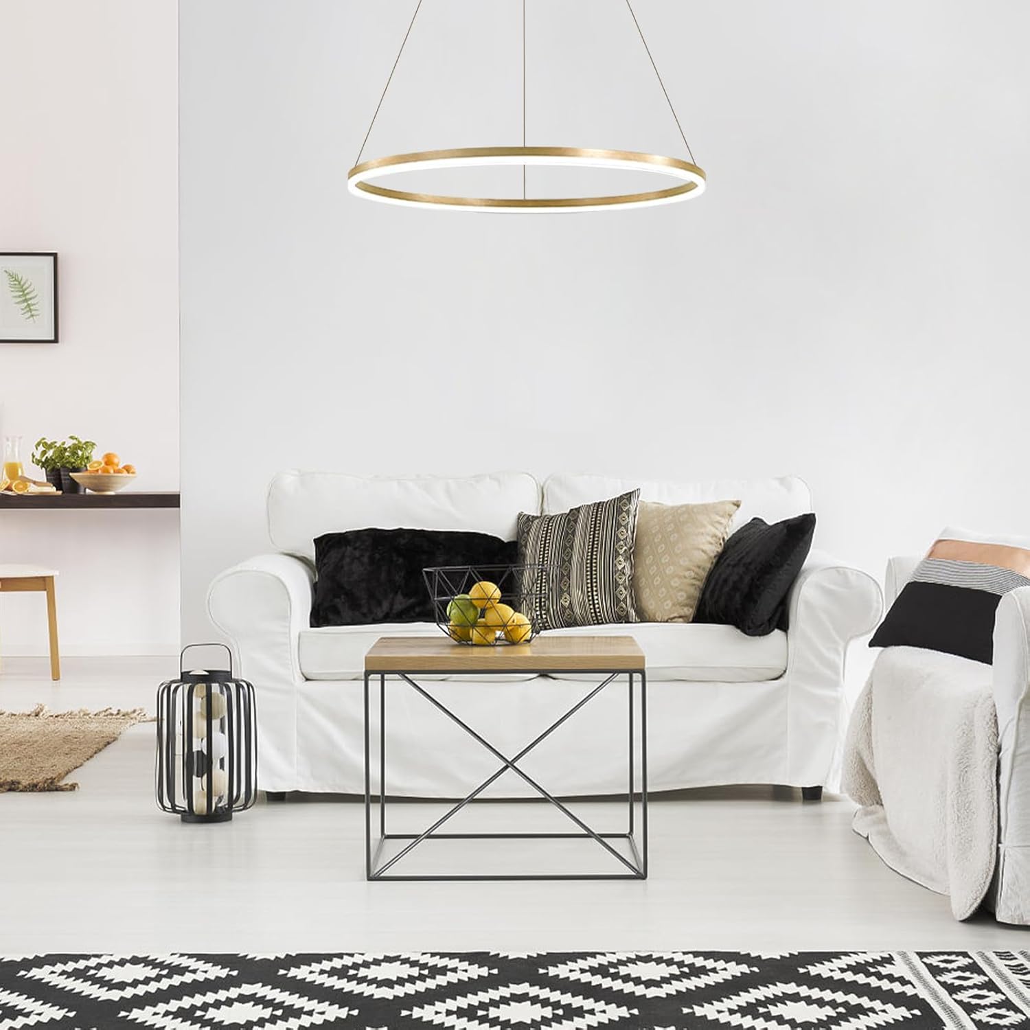 Závesný LED luster, ANINA, 34W, 1 kruh, Priemer 50 cm, Studené/Teplé/Neutrálne svetlo 3000K/4000K/6000K, Stmievateľné, Lesklá zlatá biela, Nastaviteľná výška, Kovové a akrylové LED Lustre s diaľkovým ovládaním Predvolený názov Dizajn Alessandro