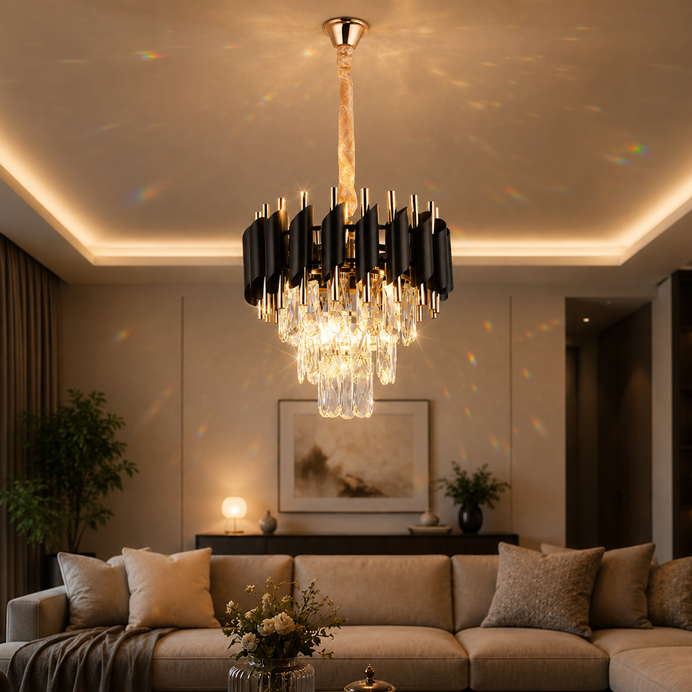 Candelabru Cristal VERSAILLES Petito 3xE14, Diametru 30cm, Auriu Lucios si Negru, Inaltime Reglabila Candelabre Cristal Default Title Alessandro Design