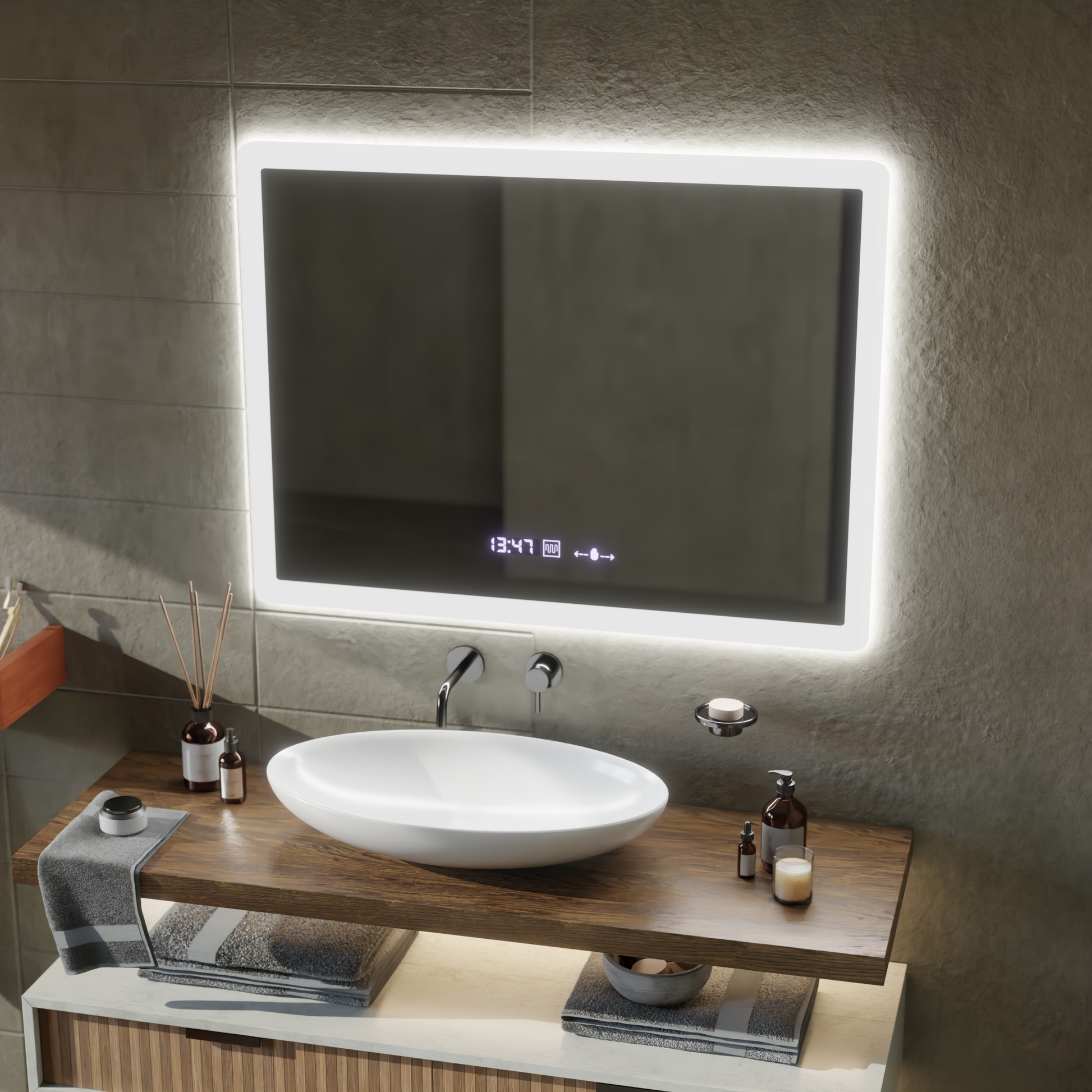 Oglinda LED Rectangulara, 80x60cm, ELANCEE Senzor MotionGlow Marcello, Sistem Dezaburire, Ceas & Termometru, Dimabila Oglinzi Marcello Default Title Alessandro Design