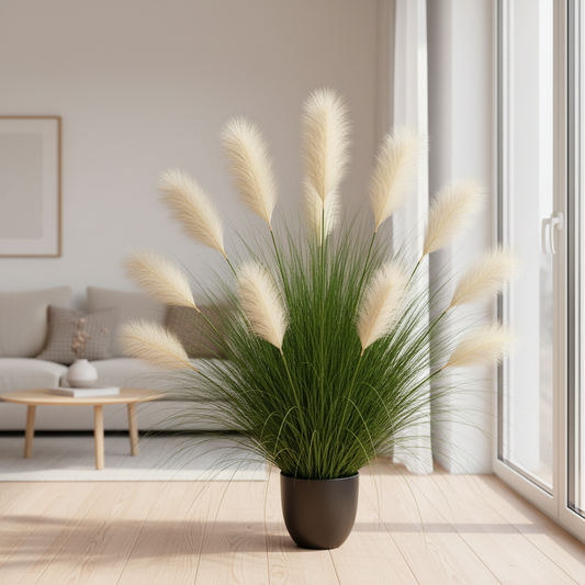 Planta Artificială Iarbă Ornamentală, 137 cm, 11 tulpini, Stuf si Iarba, Verde deschis si Alb, Fara Ghiveci