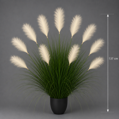 Planta Artificială Iarbă Ornamentală, 137 cm, 11 tulpini, Stuf si Iarba, Verde deschis si Alb, Fara Ghiveci