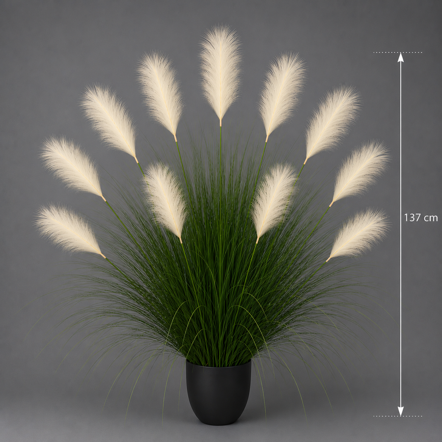 Planta Artificială Iarbă Ornamentală, 137 cm, 11 tulpini, Stuf si Iarba, Verde deschis si Alb, Fara Ghiveci