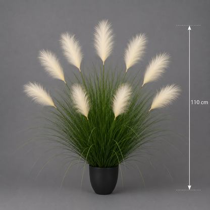 Planta Artificială Iarbă Ornamentală, 110 cm, 9 tulpini, Stuf și Iarbă, Verde deschis și alb, Fără Ghiveci