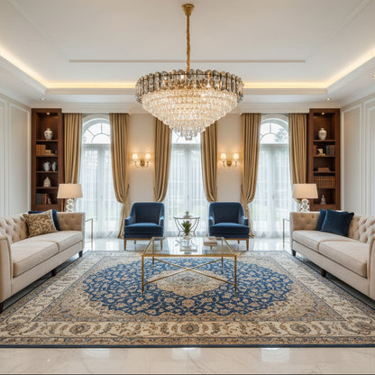 Candelabru Cristal AURUM Regalis 22xE14, Diametru 80cm, Inaltime 55cm, Auriu Lucios, Inaltime Reglabila, Design Elegant