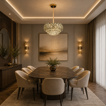Candelabru Cristal BANO Eleganza, 60W, 7xE14,  Inaltime Reglabila, Metal si Cristal, Auriu