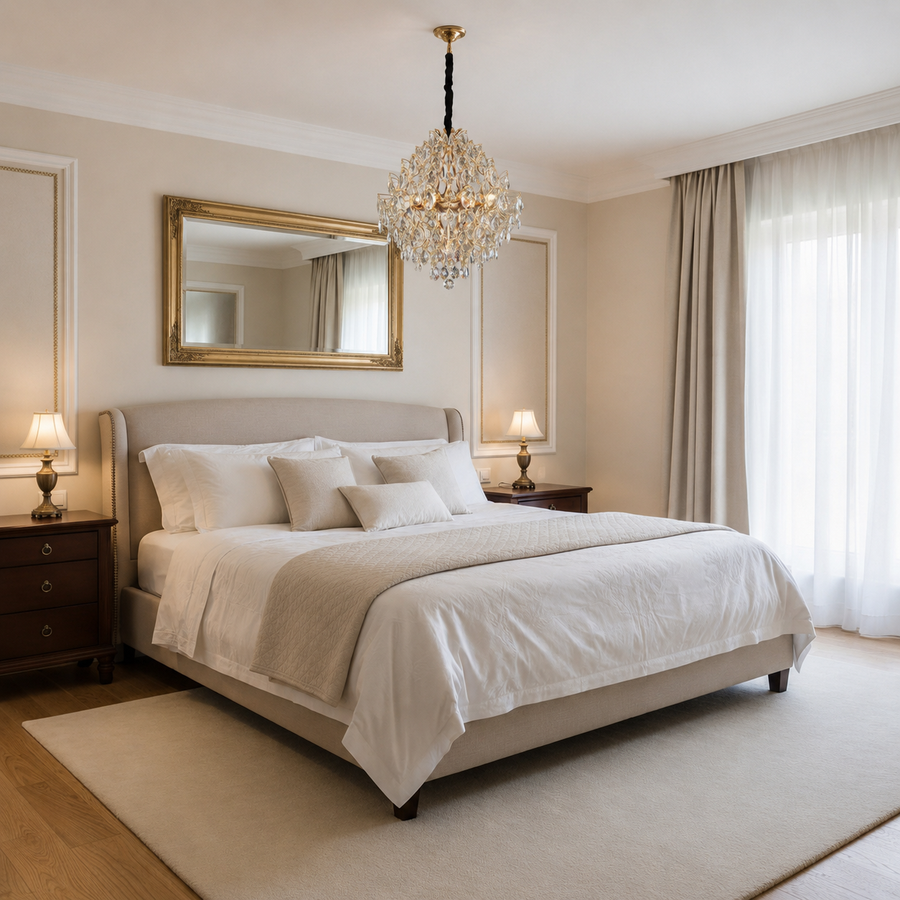 Candelabru Cristal KONIG Eleganza, 8xE14, D50 cm, Auriu, Inaltime Reglabila, Metal si Cristal