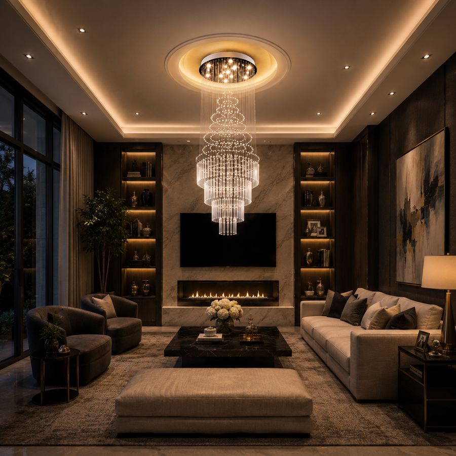 LED krištáľový luster 80W AUGUSTA Gold, priemer 50 cm, výška 200 cm, model rebríka