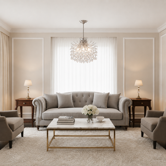Candelabru Cristal PROWES Magno, 10xE14, D60 cm, Crom Lucios, Inaltime Reglabila, Metal si Cristal