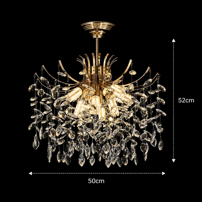 Candelabru Cristal PROWES Eleganza, 8xE14, D50 cm, Auriu, Inaltime Reglabila, Metal si Cristal
