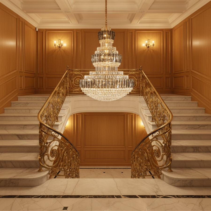 Candelabru Cristal VELIOR Grande 49xE14, D120 cm, Auriu, Inaltime Reglabila, Metal si Cristal