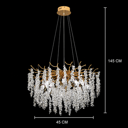 Kaskádový krištáľový luster WALTZ, 6xG9, zlatý, priemer 45 cm, nastaviteľná výška