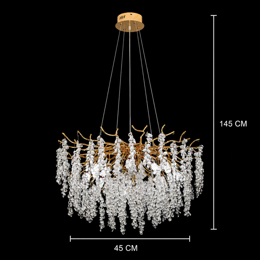 Kaskádový krištáľový luster WALTZ, 6xG9, zlatý, priemer 45 cm, nastaviteľná výška