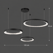 Závesný LED luster s diaľkovým ovládaním, K9 Crystals, 80W, 3 kruhy, studené/teplé/neutrálne svetlo, stmievateľné, čierne, výškovo nastaviteľné