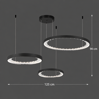 Závesný LED luster s diaľkovým ovládaním, K9 Crystals, 80W, 3 kruhy, studené/teplé/neutrálne svetlo, stmievateľné, čierne, výškovo nastaviteľné