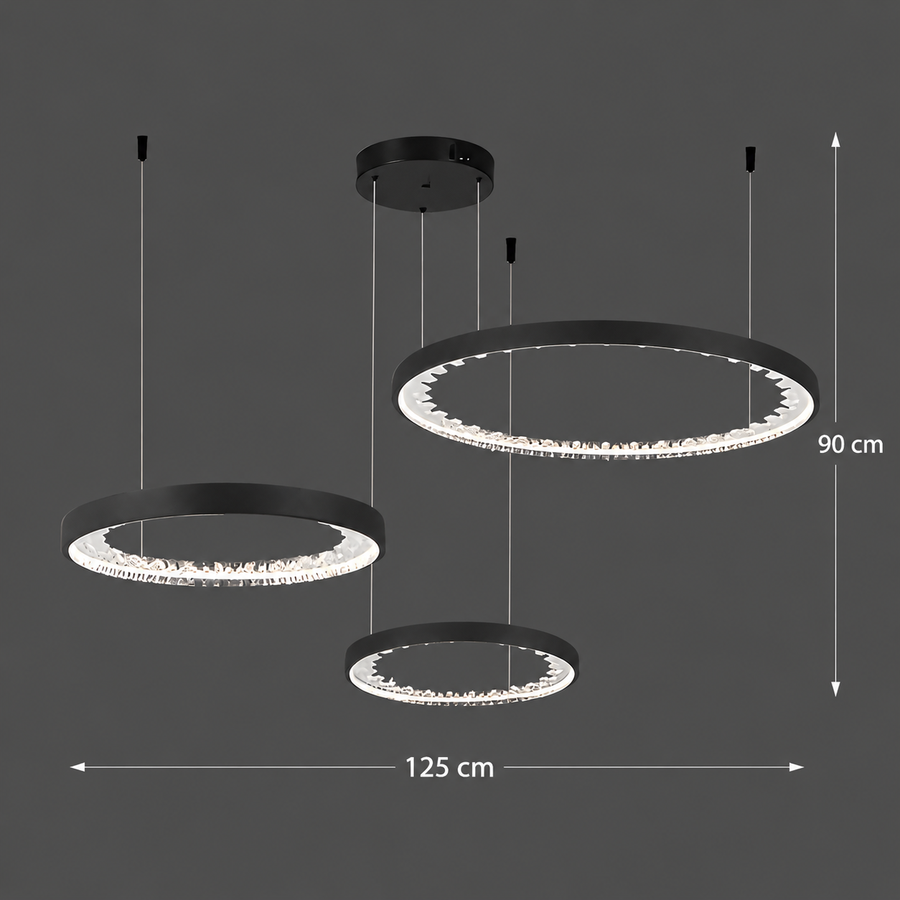 Závesný LED luster s diaľkovým ovládaním, K9 Crystals, 80W, 3 kruhy, studené/teplé/neutrálne svetlo, stmievateľné, čierne, výškovo nastaviteľné