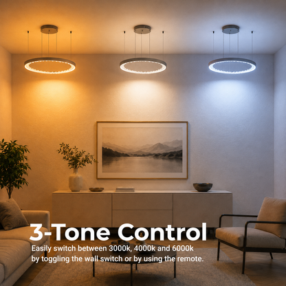 Závesný LED luster s diaľkovým ovládaním, K9 Crystals, 80W, 3 kruhy, studené/teplé/neutrálne svetlo, stmievateľné, čierne, výškovo nastaviteľné