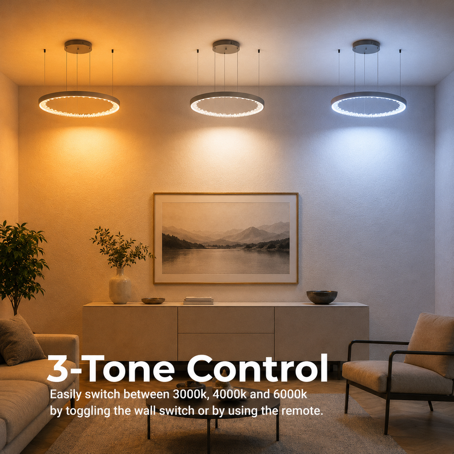 Závesný LED luster s diaľkovým ovládaním, K9 Crystals, 80W, 3 kruhy, studené/teplé/neutrálne svetlo, stmievateľné, čierne, výškovo nastaviteľné