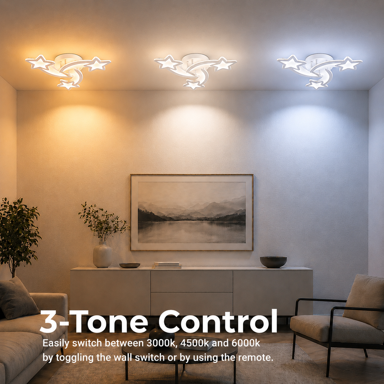 Lustra LED cu telecomanda IPOMOEA 51W, 3 Stele, lumina Rece/Calda/Neutra, Dimabila, Alb Lustre LED cu Telecomanda Default Title Alessandro Design
