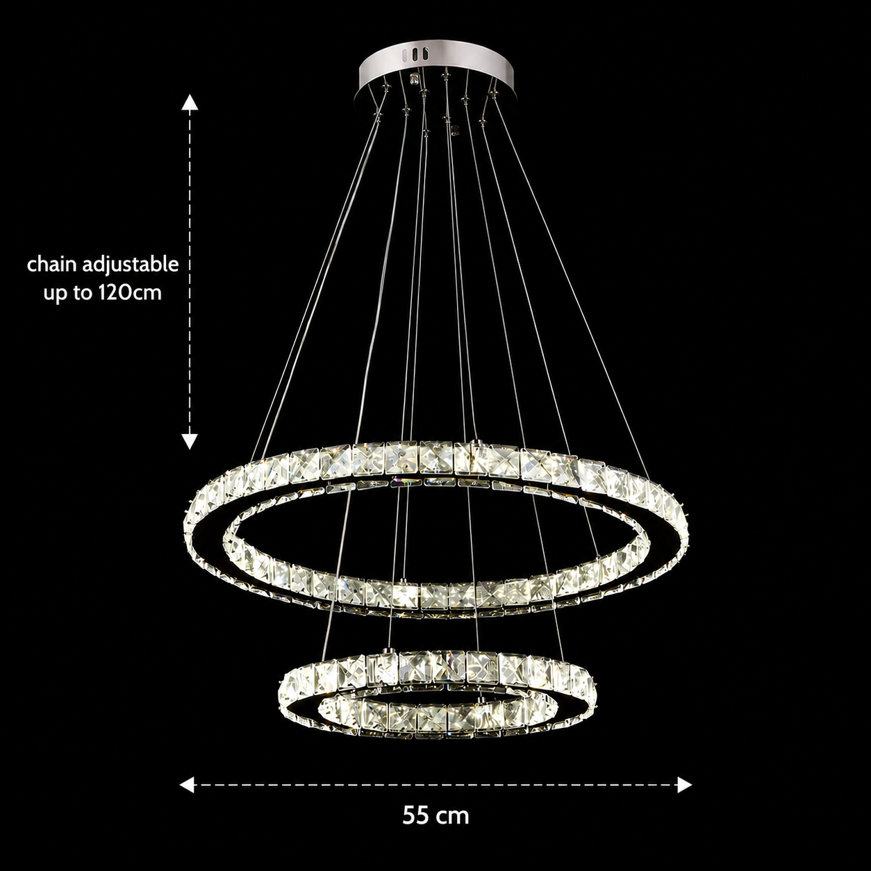 Lustra LED cu telecomanda si cristal PRISM LUMINIS 58W, 2 Cercuri, lumina Rece/Calda/Neutra, Dimabila, Crom si Alb, Inaltime Reglabila Lustre LED cu Telecomanda Default Title Alessandro Design