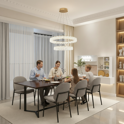 Lustra LED SHELP Cristal cu telecomanda, 64W, Lumina Calda/Neutra/Rece, Φ60 cm, Inaltime Reglabila, Metal si Cristal, Auriu