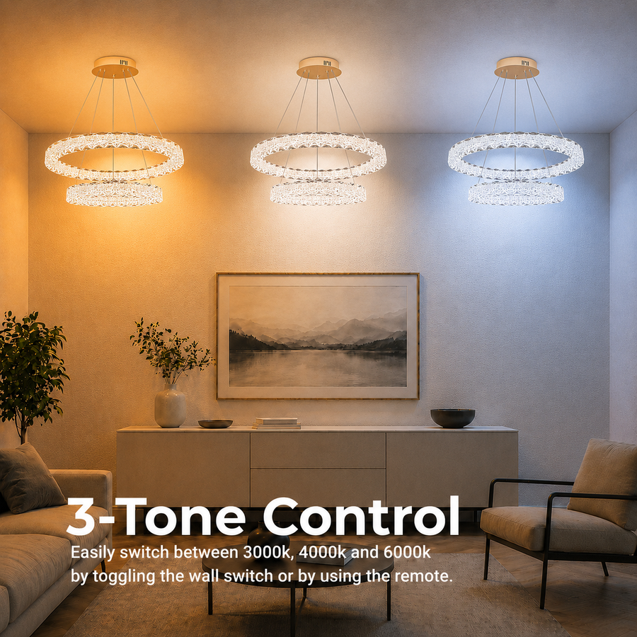 Lustra LED SHELP Cristal cu telecomanda, 64W, Lumina Calda/Neutra/Rece, Φ60 cm, Inaltime Reglabila, Metal si Cristal, Auriu
