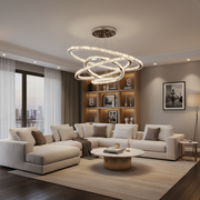 Svietiaci LED luster PRISM, krištáľ a kov, 210 W, 4 kruhy, stmievateľné, studené/teplé/neutrálne svetlo, luxusné osvetlenie
