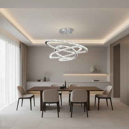 Svietiaci LED luster PRISM, krištáľ a kov, 210 W, 4 kruhy, stmievateľné, studené/teplé/neutrálne svetlo, luxusné osvetlenie
