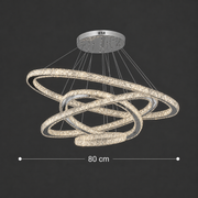 Svietiaci LED luster PRISM, krištáľ a kov, 210 W, 4 kruhy, stmievateľné, studené/teplé/neutrálne svetlo, luxusné osvetlenie