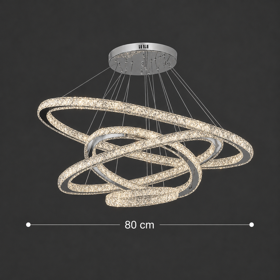 Svietiaci LED luster PRISM, krištáľ a kov, 210 W, 4 kruhy, stmievateľné, studené/teplé/neutrálne svetlo, luxusné osvetlenie