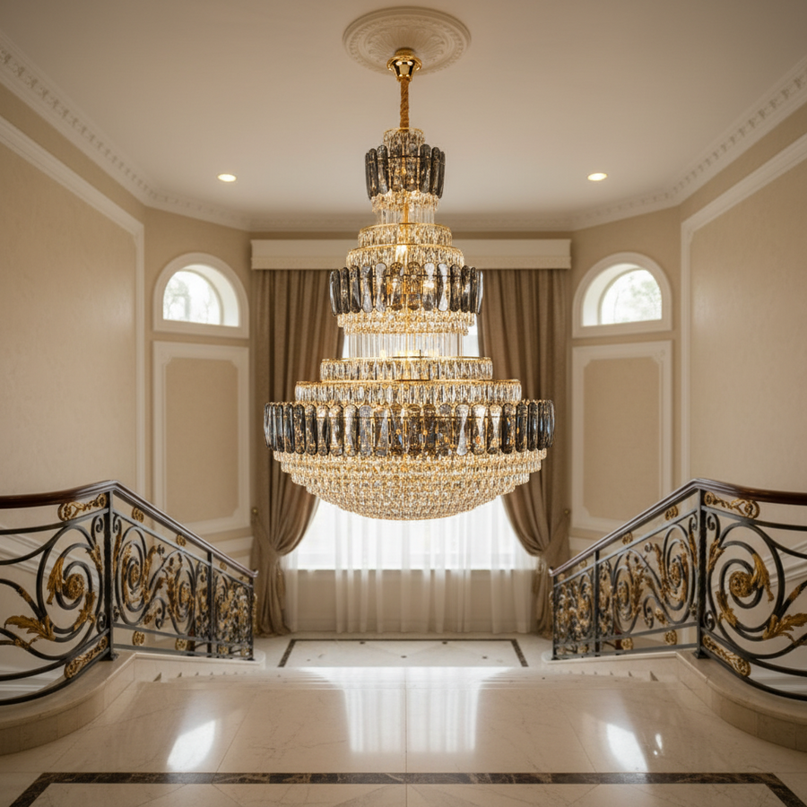 Candelabru Cristal TOUR Supremo, 63xE14, D120 cm, Auriu si Negru, Metal si Cristal