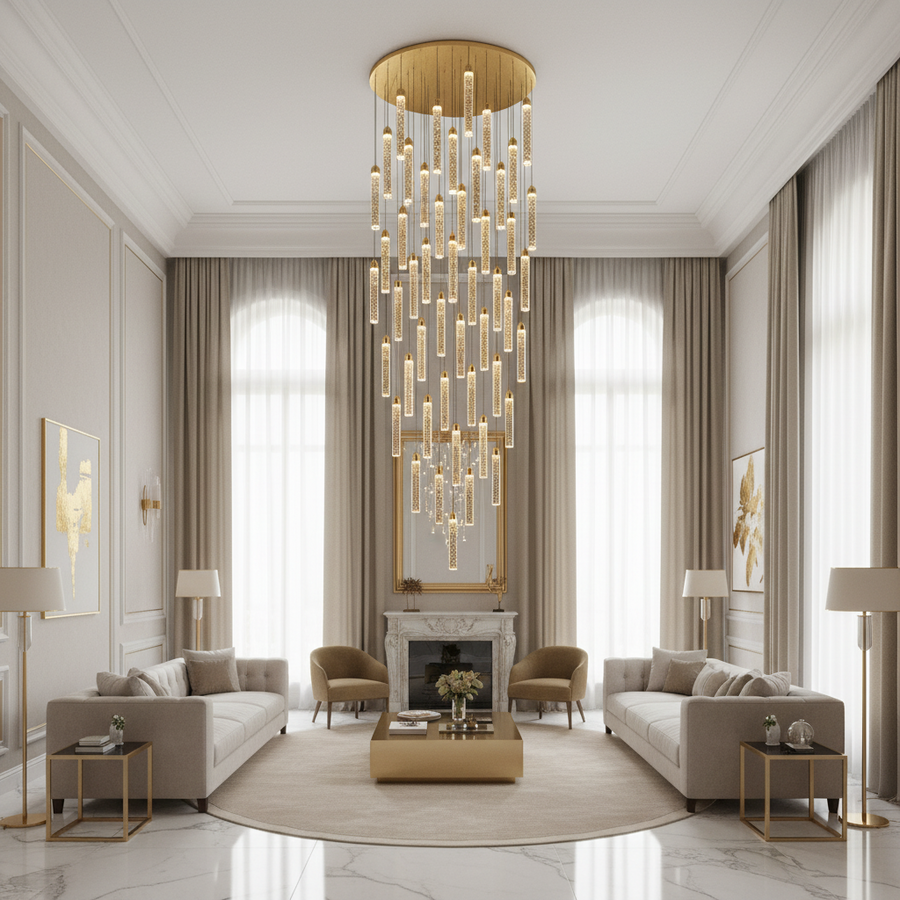 Závesný krištáľový LED luster, Justinian, priemer 60 cm, nastaviteľná výška, zlato, kov a krištáľ