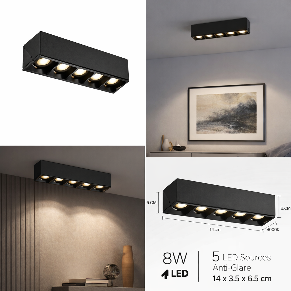 Proiector LED Liniar Aplicat Grilă 8W, Lumina Neutra 4000K, 5 surse, 14 x 3.5 x 6.5 cm Plafoniere LED Default Title Alessandro Design