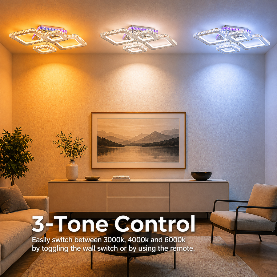 Lustra LED cu telecomanda si cristal NOVA RHOMBA RGB 95W, 4 Patrate, lumina Rece/Calda/Neutra, Dimabila, Crom Lucios Lustre LED & Cristale Default Title Alessandro Design