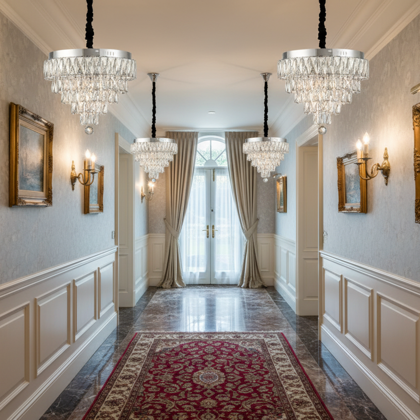 Lustra LED Cristal RIGO cu telecomanda Petito Diametru 30cm, Crom Lucios, Inaltime Reglabila, Metal si Cristal