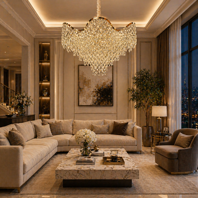 Candelabru Cristal VELOURA Eleganza 9xE14, D50 cm, Auriu, Inaltime Reglabila, Metal si Cristal