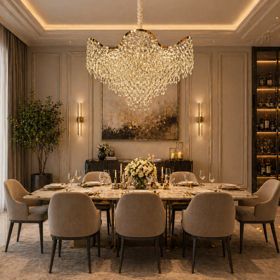 Candelabru Cristal 13xE14 VELOURA Magno , D60 cm, Auriu, Inaltime Reglabila, Metal si Cristal Candelabre Cristal Default Title Alessandro Design