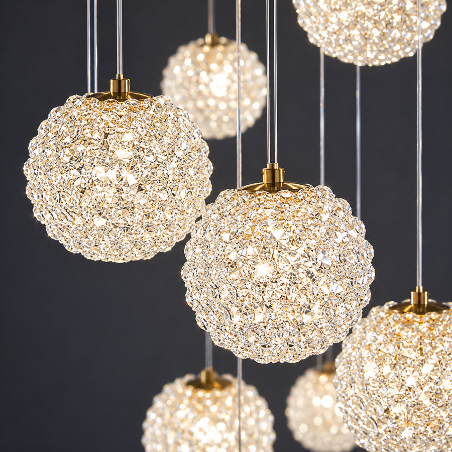 Candelabru Cristal MILLE, 18xG9 , Diametru 60cm x Inaltime 340cm, Cristal si Metal, Auriu